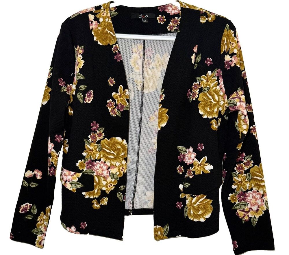 Cleo Blazer Womens Medium Black Floral Open Front Stretch Knit Career Jacket
